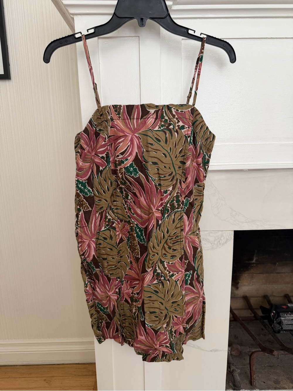 MAD Tropical Leaf Spaghetti Strap Mini Dress in Pink & Olive